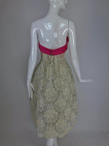 Hattie Carnegie Custom Cream Guipure Lace Pink Silk Strapless Dress 1950s