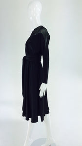 SOLD Halston black silk chiffon & silk charmeuse bias cut cocktail dress 1970s