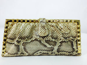 SOLD Judith Leiber natural python gold frame snake chain handbag or clutch