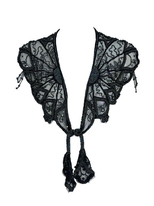 Vintage Heavily Iridescent Beaded Black Tulle Capelet 1970s