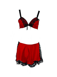 Joan's Specialty 1940s Hand Made Red Black Lace Lingerie Three Piece Set