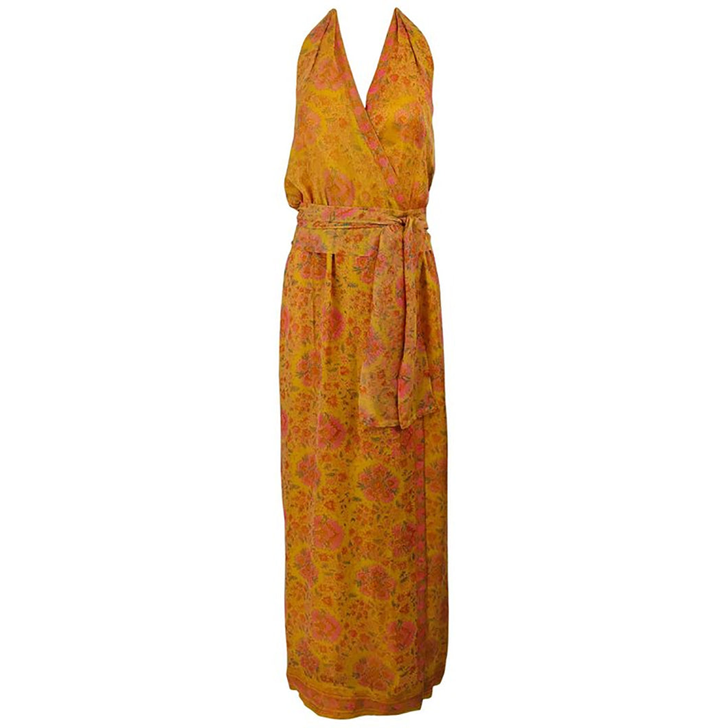 Treacy Lowe London Floral Silk Print Halter Maxi Dress 1970s