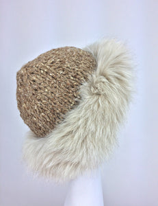 Lillie Rubin Fox fur and cocoa tweed knit hat 1970s unworn