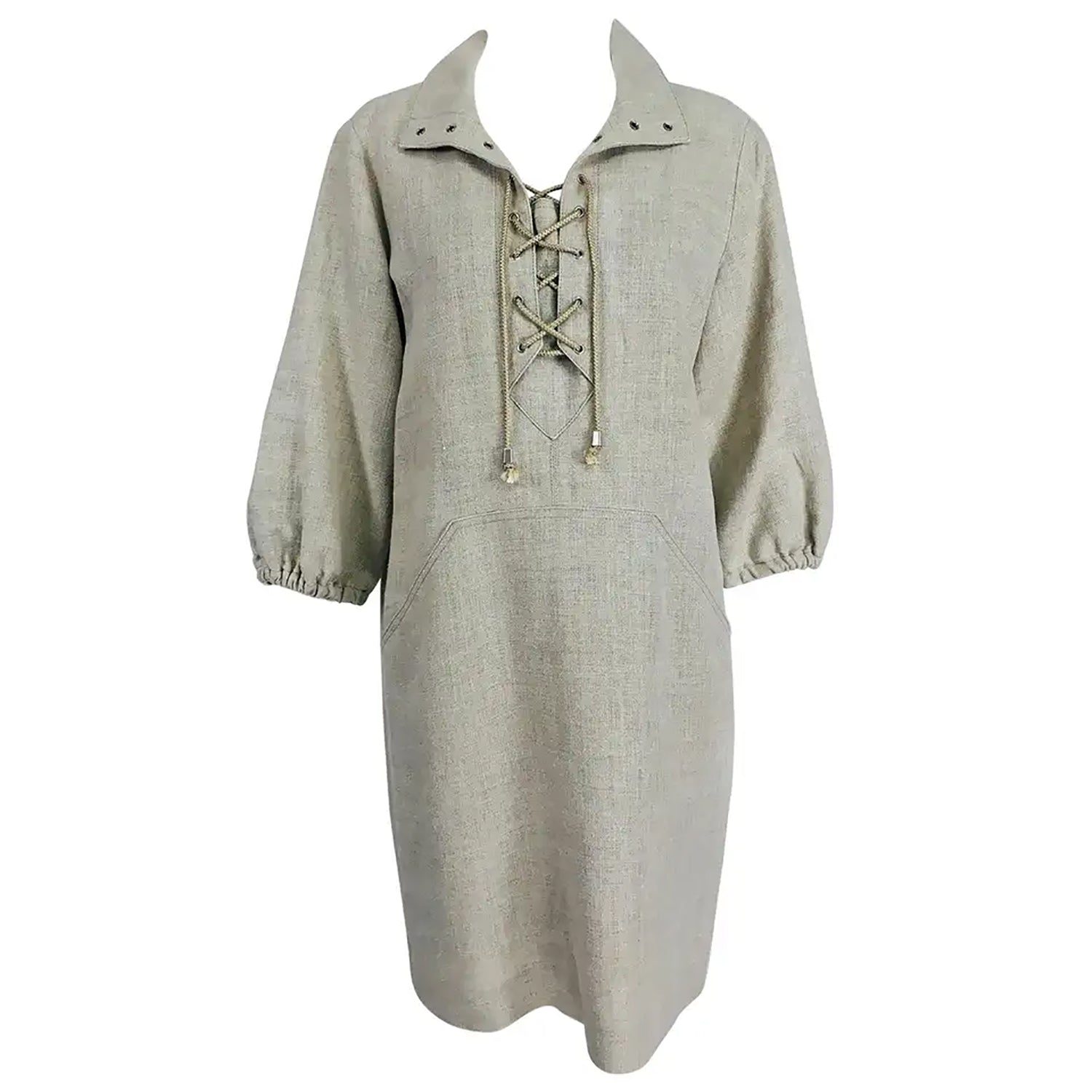 Oscar de la Renta Natural Linen Lace Front Safari Style Dress Palm Beach Vintage Oscar de la Renta Natural Linen Lace Front Safari Style Dress Palm Beach Vintage