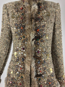 SOLD Oscar de la Renta jewel and fur trim soft tweed knit skirt set