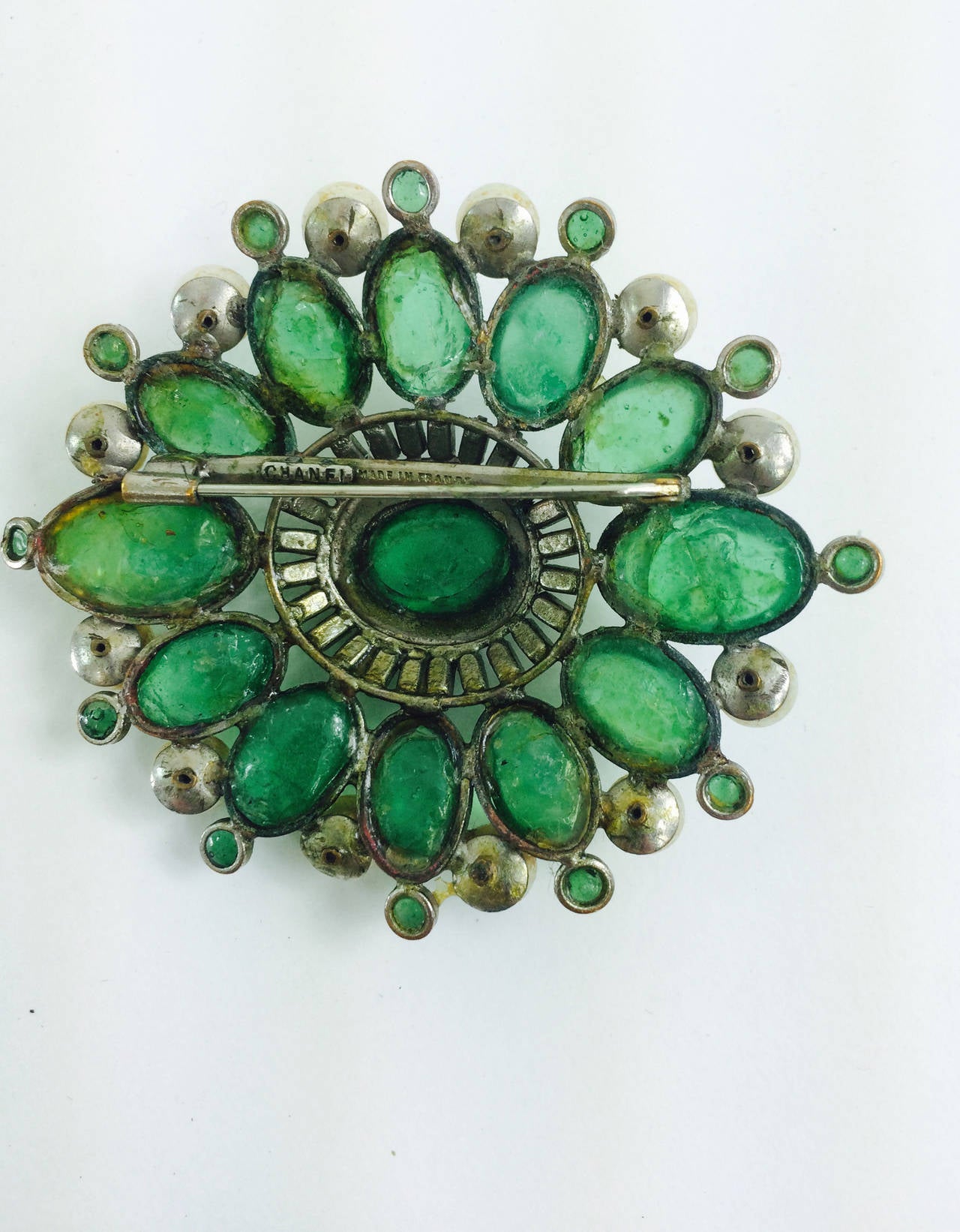 SOLD Chanel Rare Early Signed large Gripoix Emerald Brooch 1950s