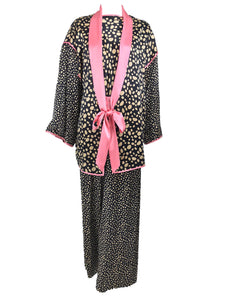 Guy Laroche Silk Evening Pajama set in Cream and Black Dots Pink Trim 1990s