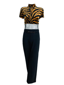 Tiger Panne Velvet Mesh and Jersey Jumpsuit 1970s Cache'