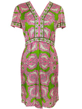 Richard Kaplan Silk Print 1960s Dress in Lime Green and Pink Vintage