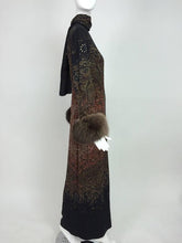 SOLD auline Trigere silk jacquard print fur trimmed maxi dress 1960s