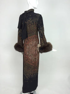 SOLD auline Trigere silk jacquard print fur trimmed maxi dress 1960s