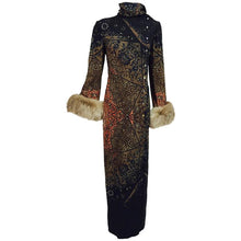 Pauline Trigere silk jacquard print fur trimmed maxi dress 1960s
