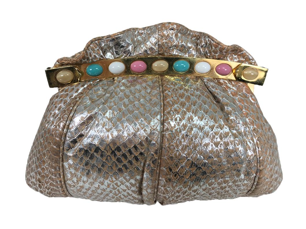  Carlo Fiori Silver Coral Faux Snake Jewel Clasp Evening Bag 1980s