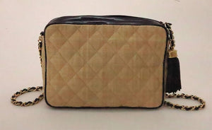 SOLD Vintage Chanel quilted raffia & patent leather bag