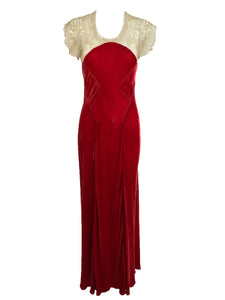 1930s Tape Lace and Red Velvet Bias Cut Evening Dress vintage