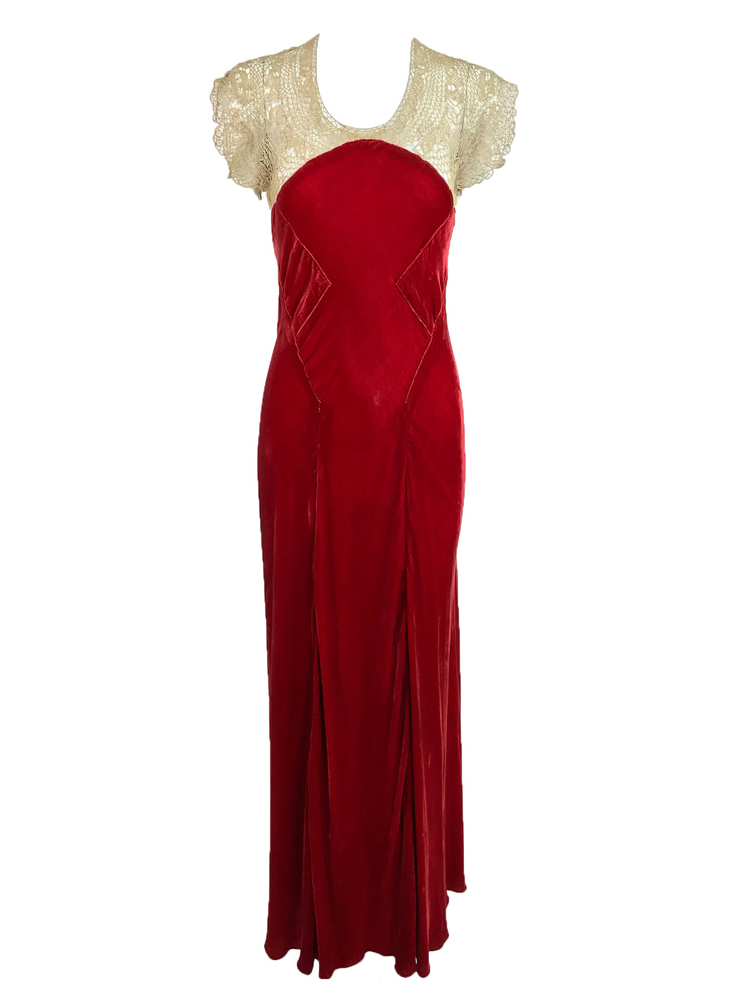 SOLD 1930s Tape Lace and Red Velvet Bias Cut Evening Dress – Palm Beach  Vintage