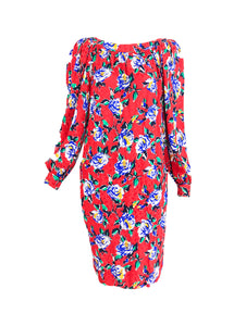 Yves Saint Laurent Red Floral Silk Jacquard Scoop Neck Dress 1990ss