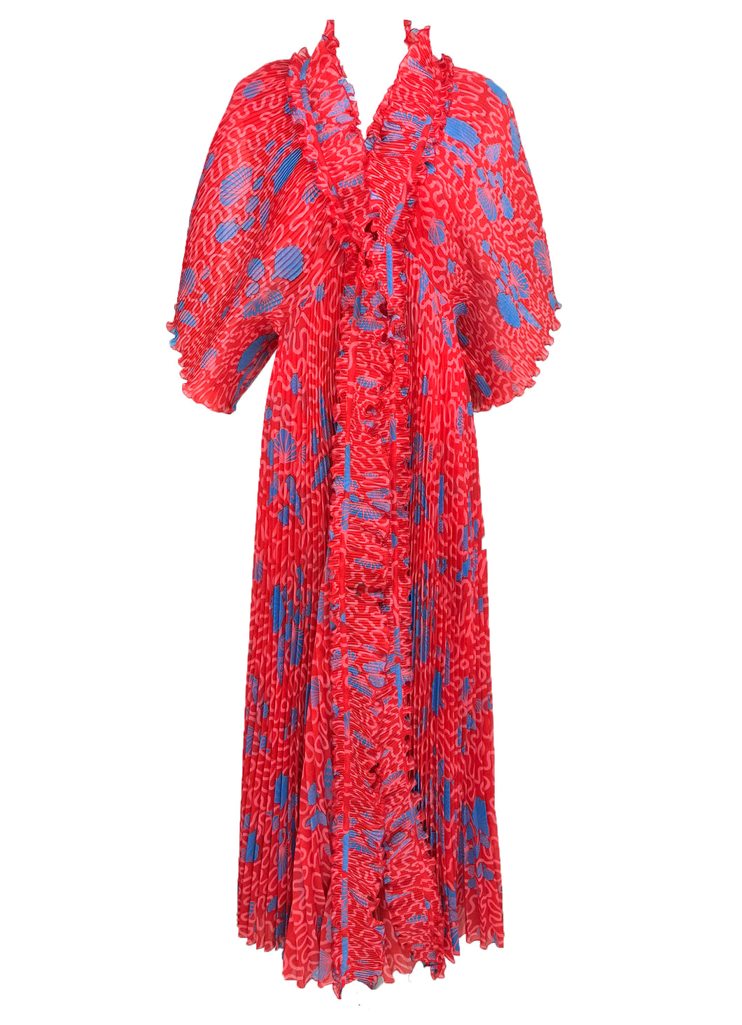 vintage Zandra Rhodes Coquille Print Pleated Caftan and Maxi Dress Set 1970s