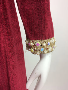 Garnet Red Silky Cotton Velvet Jewel Trim Mod Dress 1960s