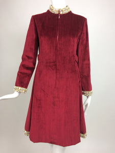Garnet Red Silky Cotton Velvet Jewel Trim Mod Dress 1960s
