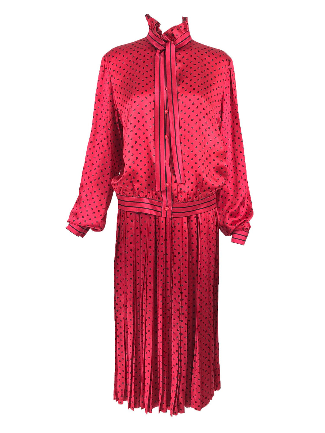 Vintage Nina Ricci Red Silk Satin Printed Blouse and Skirt set 1980s