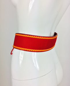 Yves Saint Laurent red cotton corset cord and leather tie front belt 1970s