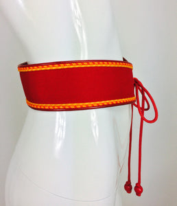 Yves Saint Laurent red cotton corset cord and leather tie front belt 1970s