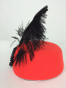SOLD Halston beaded and feathered coral red felt hat 1970s