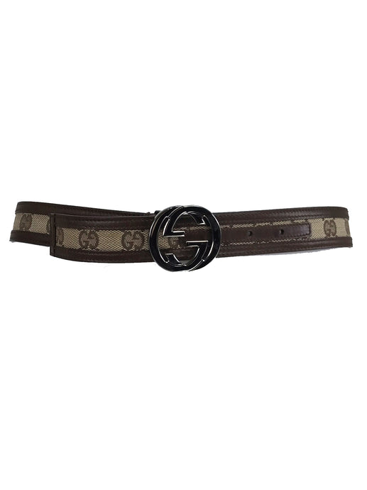 Gucci Silver Buckle Logo Canvas and Leather Belt