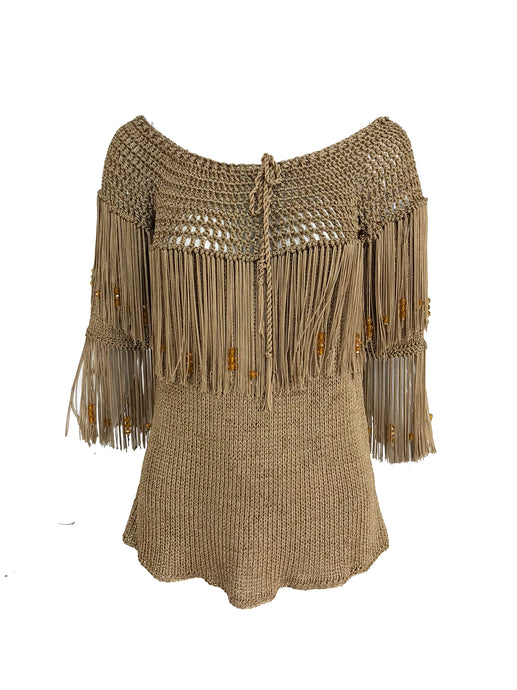 Vintage Bronze Fringe Knit Beaded Sweater 1980s
