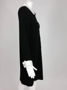 Adolfo Black Knit Mod Dress With White Satin Collar & Cuffs 1970s
