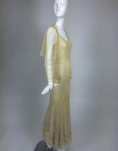 Champagne Lace & Silk Bias Cut Tiered Wedding Dress & Shrug 1930s
