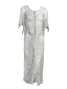 Vintage Handmade White Filet Lace with Embroidery and Cord Work Dress 1920s