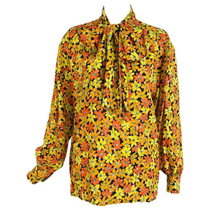 Vintage Yves Saint Laurent Rive Gauche Vibrant Floral Silk Print Bow Tie Blouse
